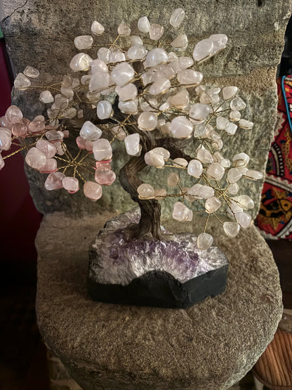 Big Yggdrasil Tree of Life Rosequarz Tree with Amethyst Base