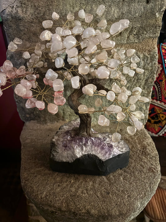 Big Yggdrasil Tree of Life Rosequarz Tree with Amethyst Base