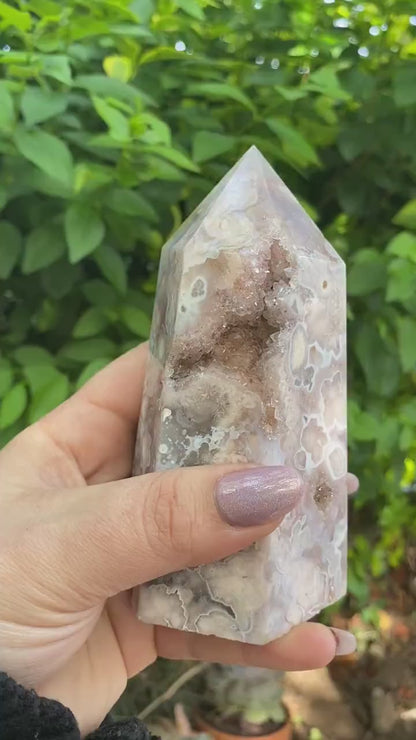 Pink Amethyst Flower Agate Tower - super Druzy