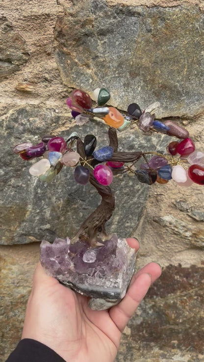 small Yggdrasil Tree of Life Agate Tree with Amethyst Base