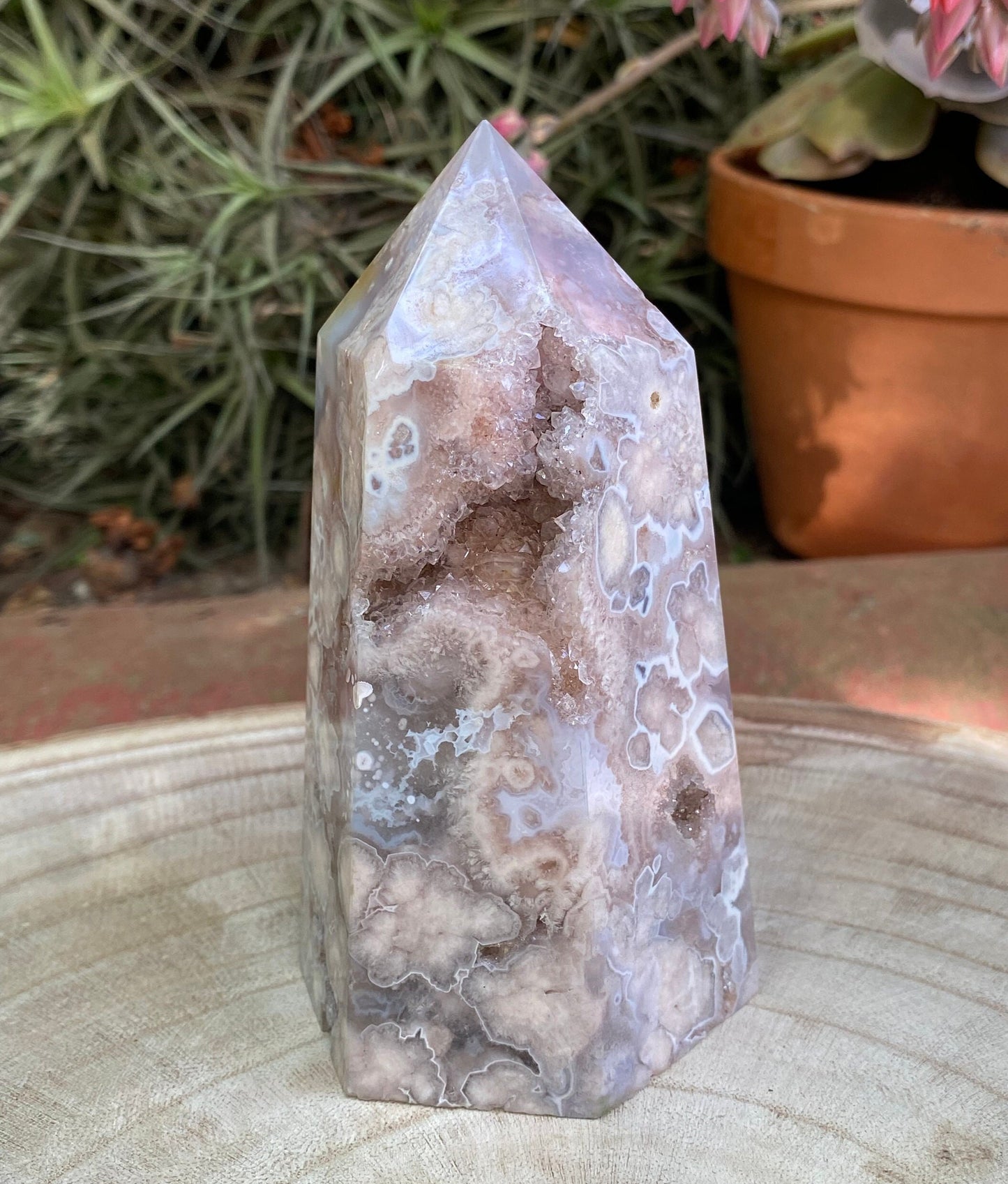 Pink Amethyst Flower Agate Tower - super Druzy